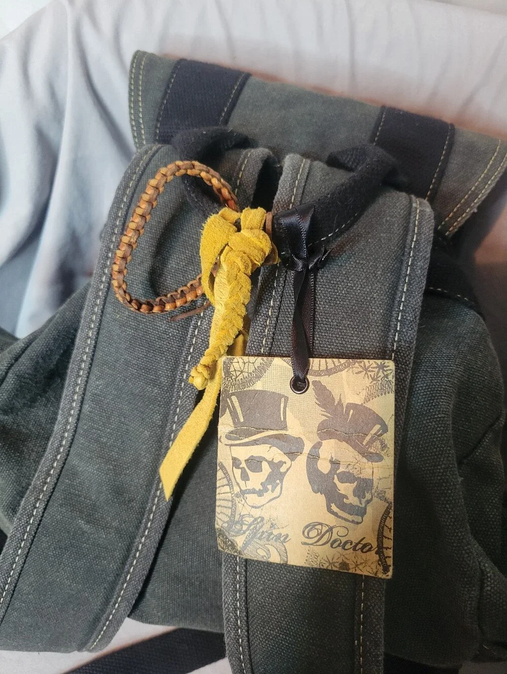Olive/Gray Canvas Backpack with Leather Draw String (Altered)